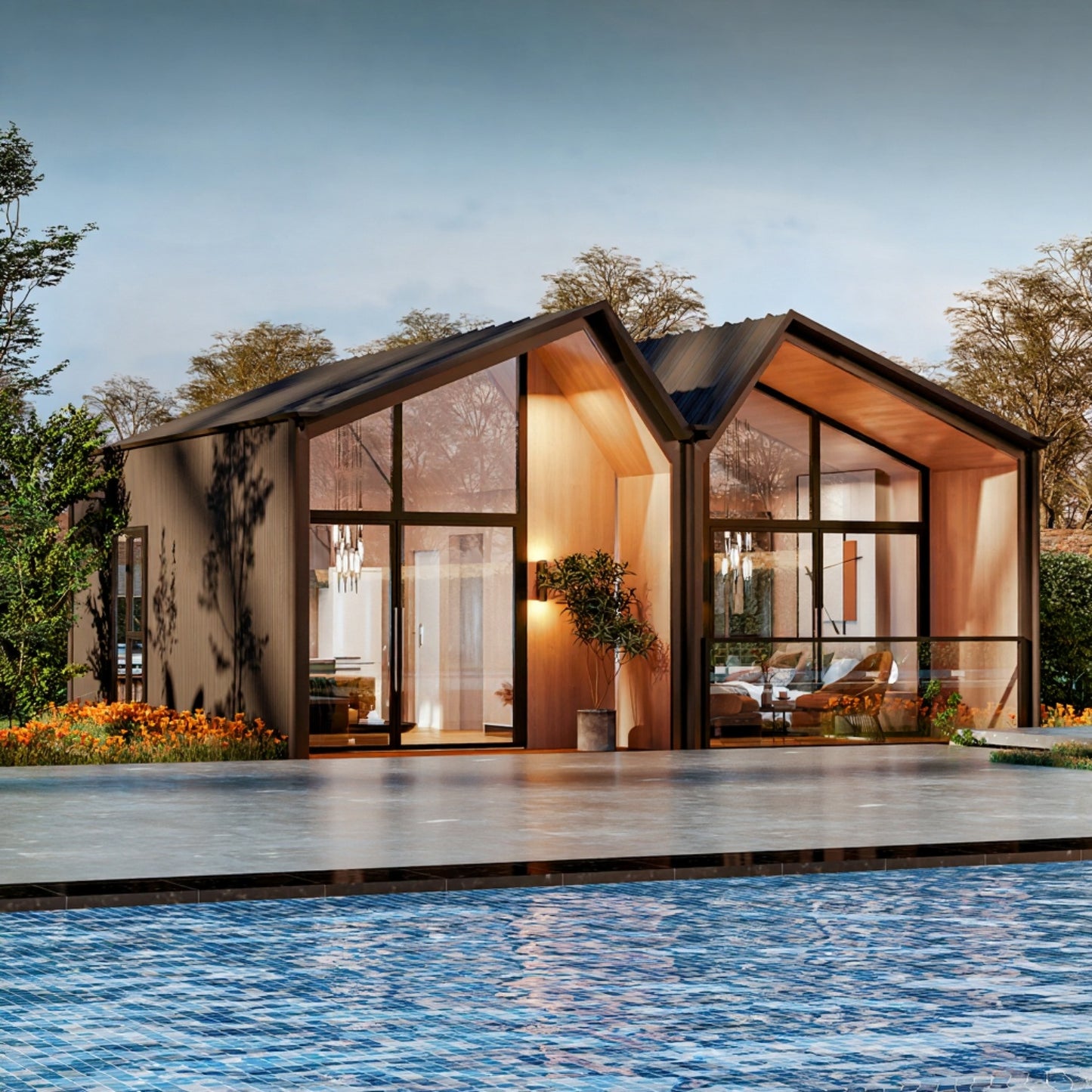 Modern house with large windows and a pool in the foreground. Prefab villa, prefab house, prefabricated home, prefab Cyprus, modular villa, modular house, barn house