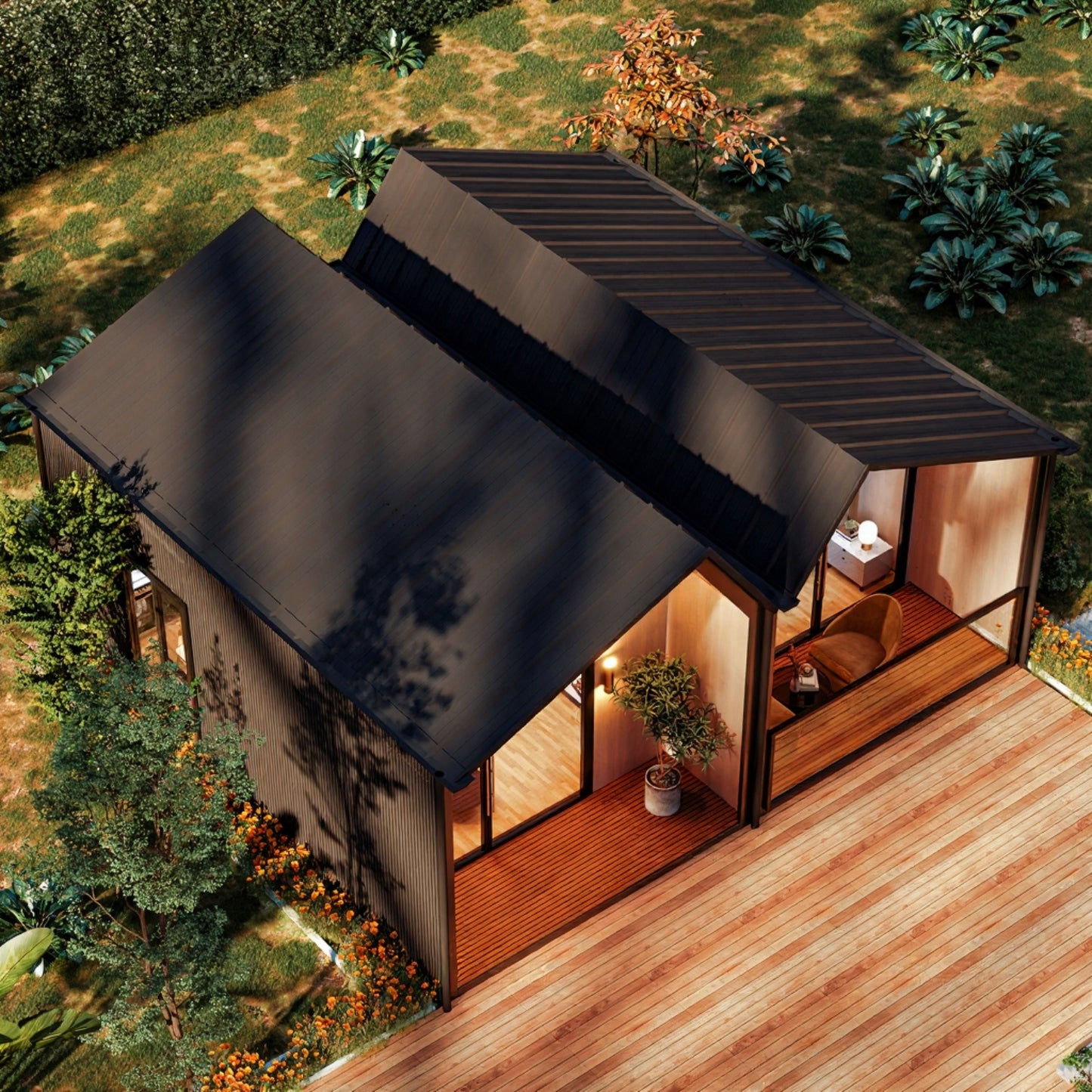 Aerial view of a modern house with a black roof and wooden deck. Prefab villa, prefab house, prefabricated home, prefab Cyprus, modular villa, modular house, barn house