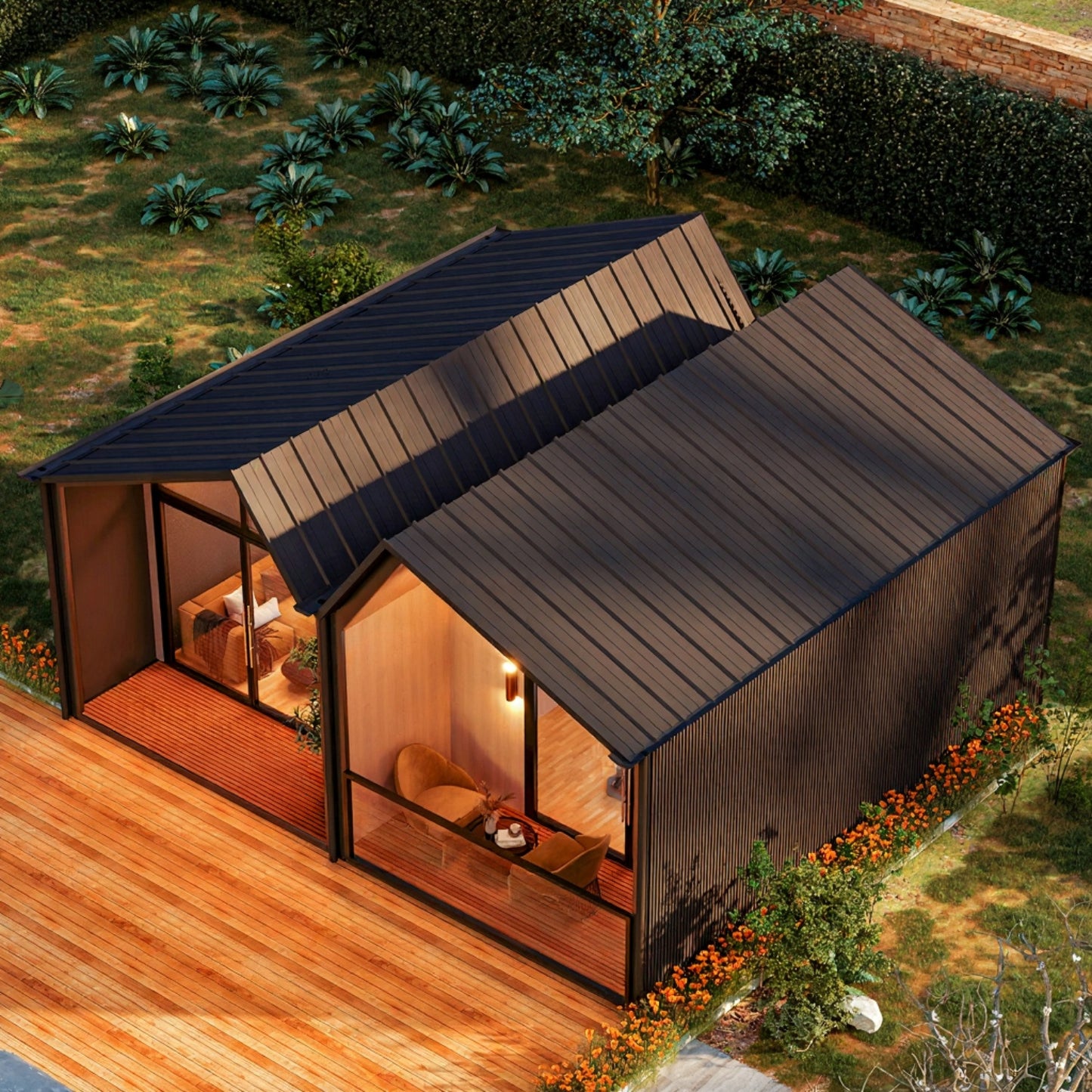 Modern house with solar panels on the roof, surrounded by greenery. Prefab villa, prefab house, prefabricated home, prefab Cyprus, modular villa, modular house, barn house