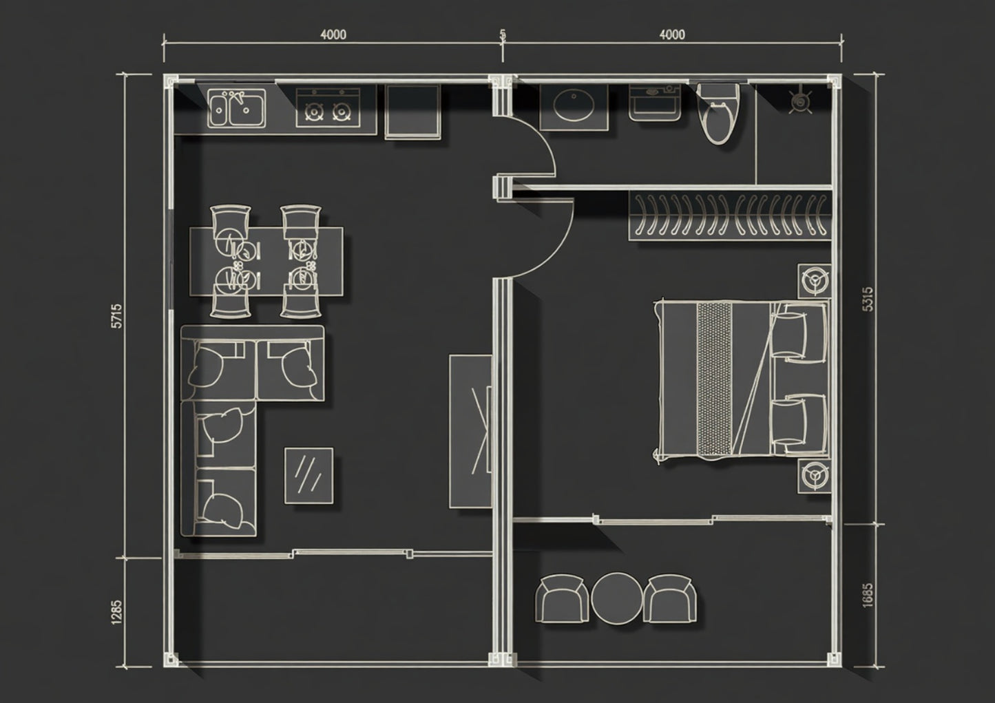 Floor plan of a room layout with furniture and dimensions on a black background. Prefab villa, prefab house, prefabricated home, prefab Cyprus, modular villa, modular house, barn house