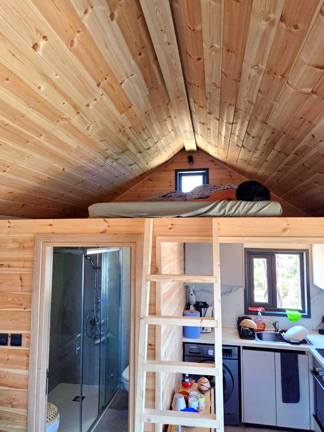 Small wooden cabin with loft bed, bathroom, and kitchen area. Prefab house Cyprus. Prefabricated modular home Cyprus. Prefabcy. Buy modular home in Cyprus.