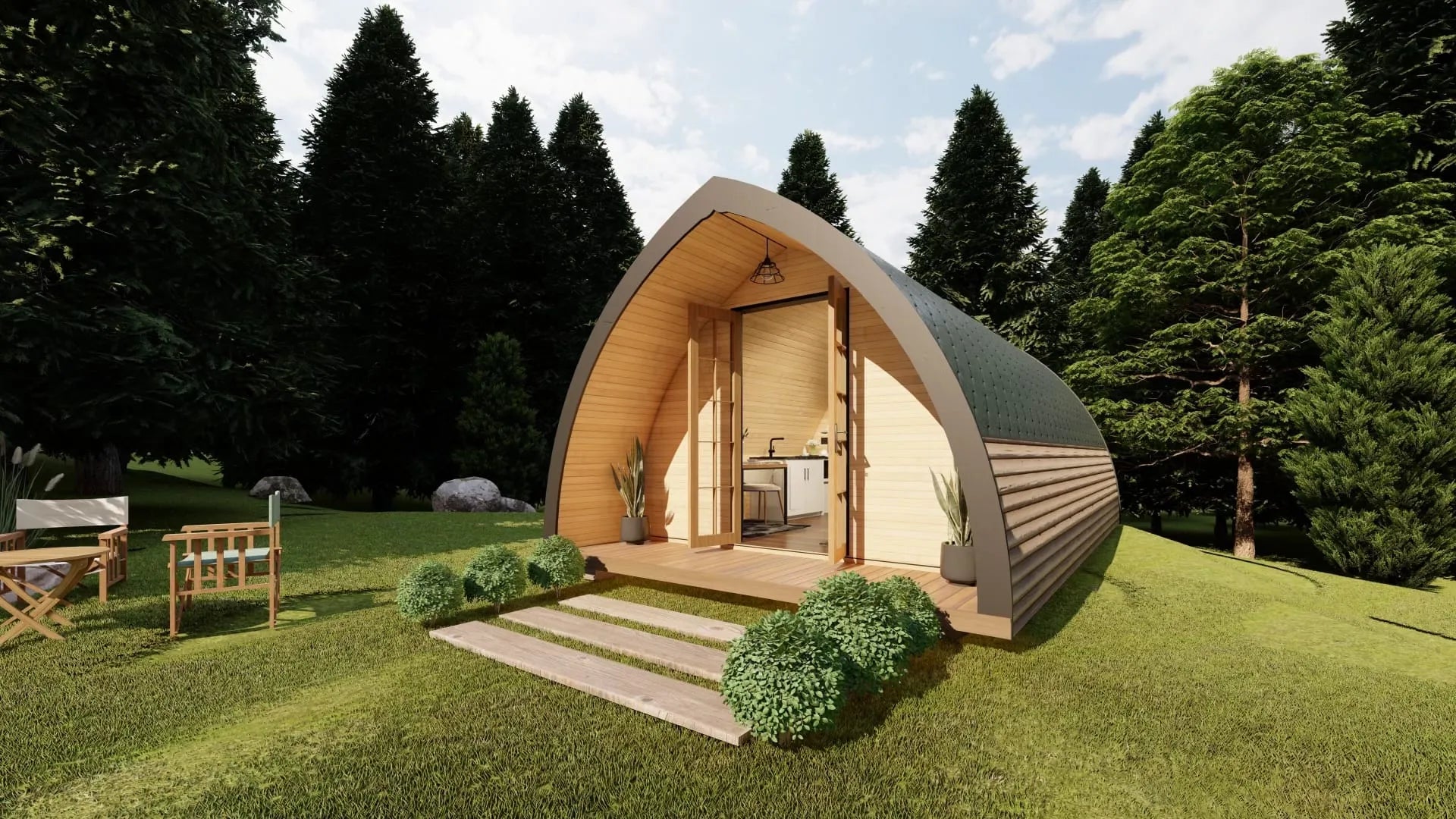Modern pod-style cabin in a forest setting. Prefab house Cyprus. Prefabricated modular home Cyprus. Prefabcy. Buy modular home in Cyprus.