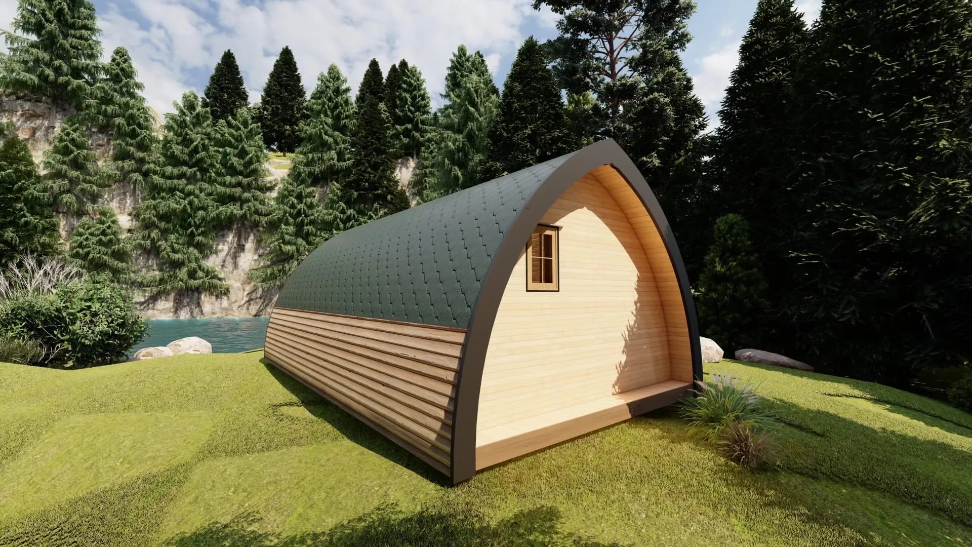 Wooden cabin with a curved roof in a natural setting with trees and water. Prefab house Cyprus. Prefabricated modular home Cyprus. Prefabcy. Buy modular home in Cyprus.