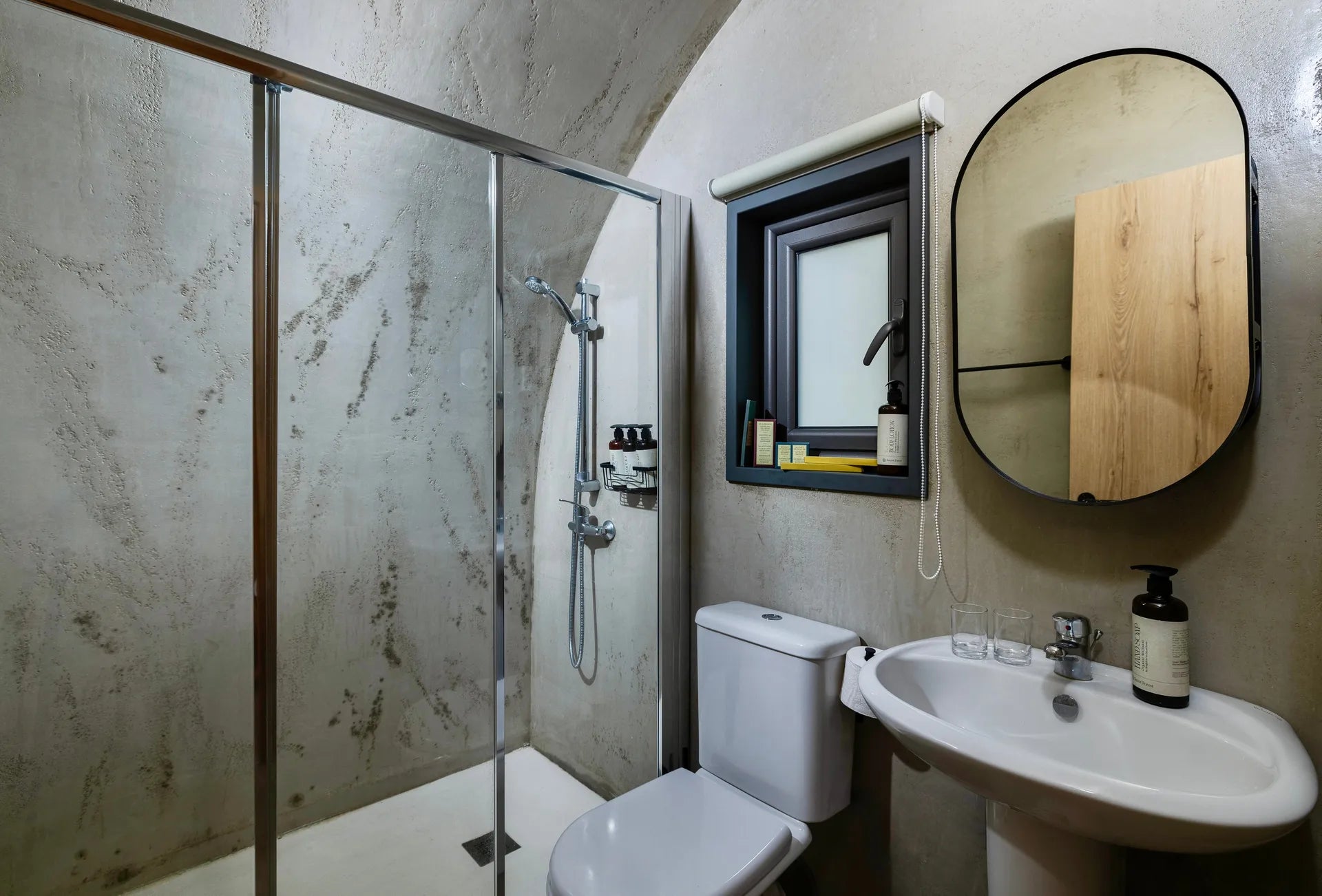 Bathroom with shower, toilet, and sink area, wooden cabin inside, wooden cabins Cyprus, glamping Cyprus, Prefabcy.com, prefab home Cyprus, prefabricated modular house