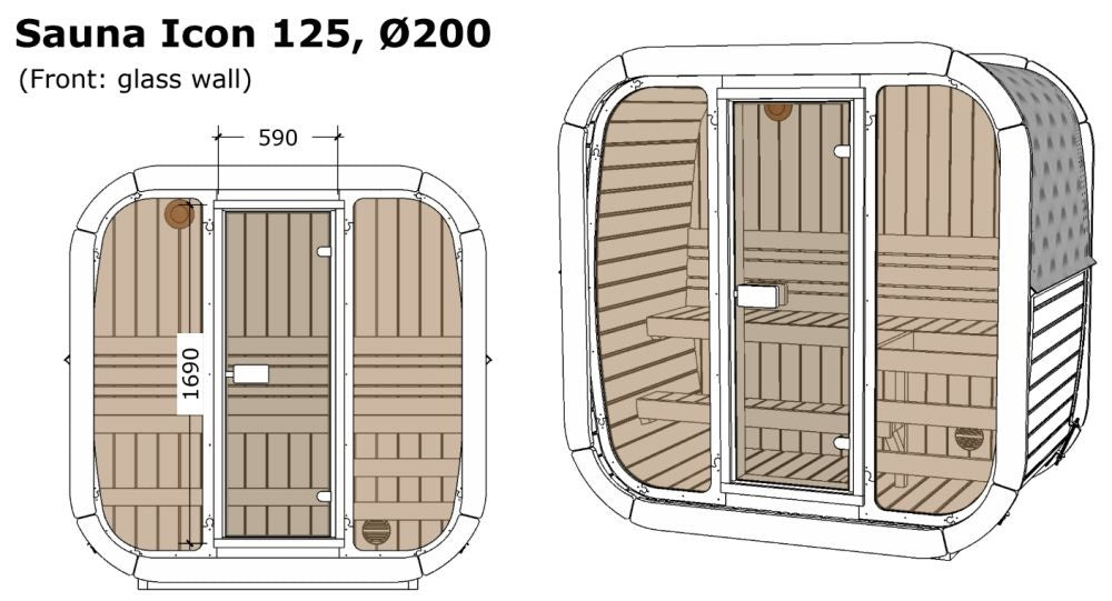 Diagram of a sauna with dimensions labeled, featuring a glass wall. Prefab house Cyprus. Prefabricated modular home Cyprus. Prefabcy. Buy modular home in Cyprus. Prefab sauna Cyprus. Modular sauna Cyprus
