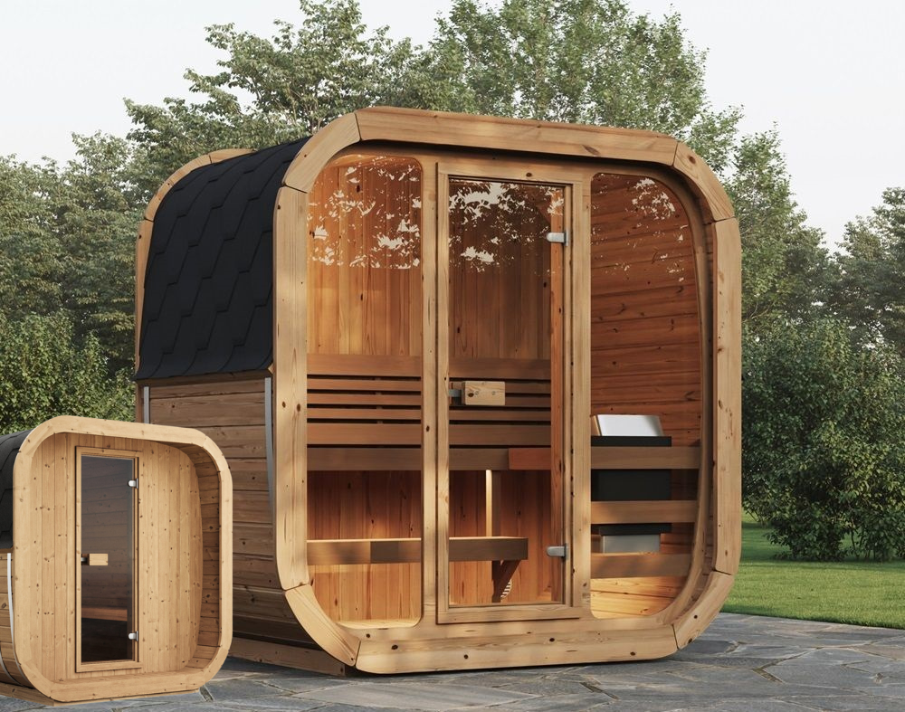 Wooden outdoor sauna with trees in the background. Prefab house Cyprus. Prefabricated modular home Cyprus. Prefabcy. Buy modular home in Cyprus. Prefab sauna Cyprus. Modular sauna Cyprus