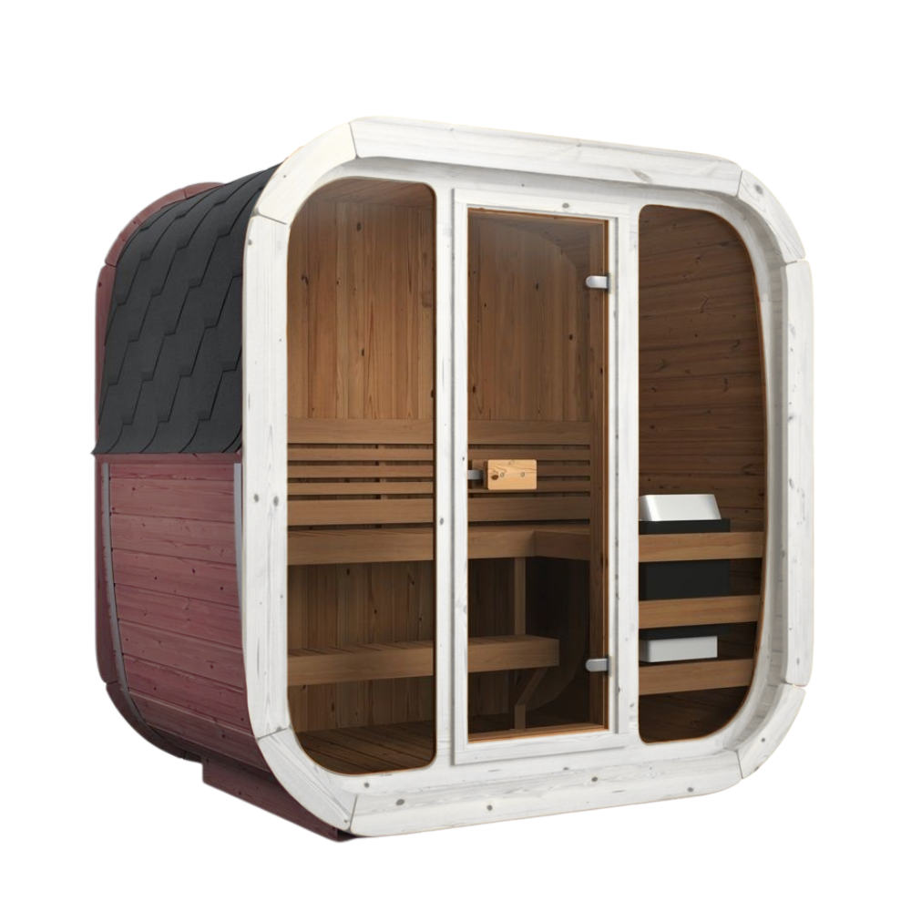 Wooden sauna with glass doors on a white background. Prefab house Cyprus. Prefabricated modular home Cyprus. Prefabcy. Buy modular home in Cyprus. Prefab sauna Cyprus. Modular sauna Cyprus
