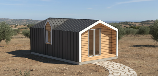 Small modular barn house with black and wooden exterior in a Cyprus' landscape. Prefab house Cyprus. Prefabricated modular home Cyprus. Prefabcy. Buy modular home in Cyprus.