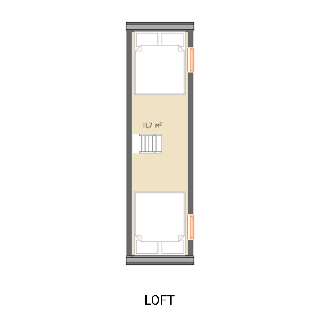 Floor plan of a loft with dimensions and room layout on a white background.  Prefab house Cyprus. Prefabricated modular home Cyprus. Prefabcy
