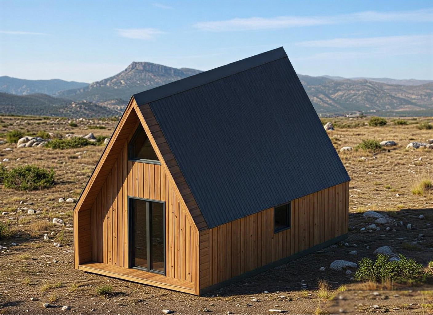 Wooden A frame with a dark roof in a Cyprus' landscape with mountains in the background. Prefab house Cyprus. Prefabricated modular home Cyprus. Prefabcy. Buy modular home in Cyprus. 