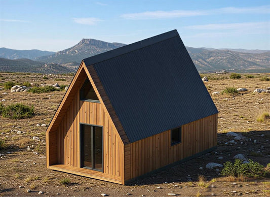 Wooden A frame with a dark roof in a Cyprus' landscape with mountains in the background. Prefab house Cyprus. Prefabricated modular home Cyprus. Prefabcy. Buy modular home in Cyprus. 