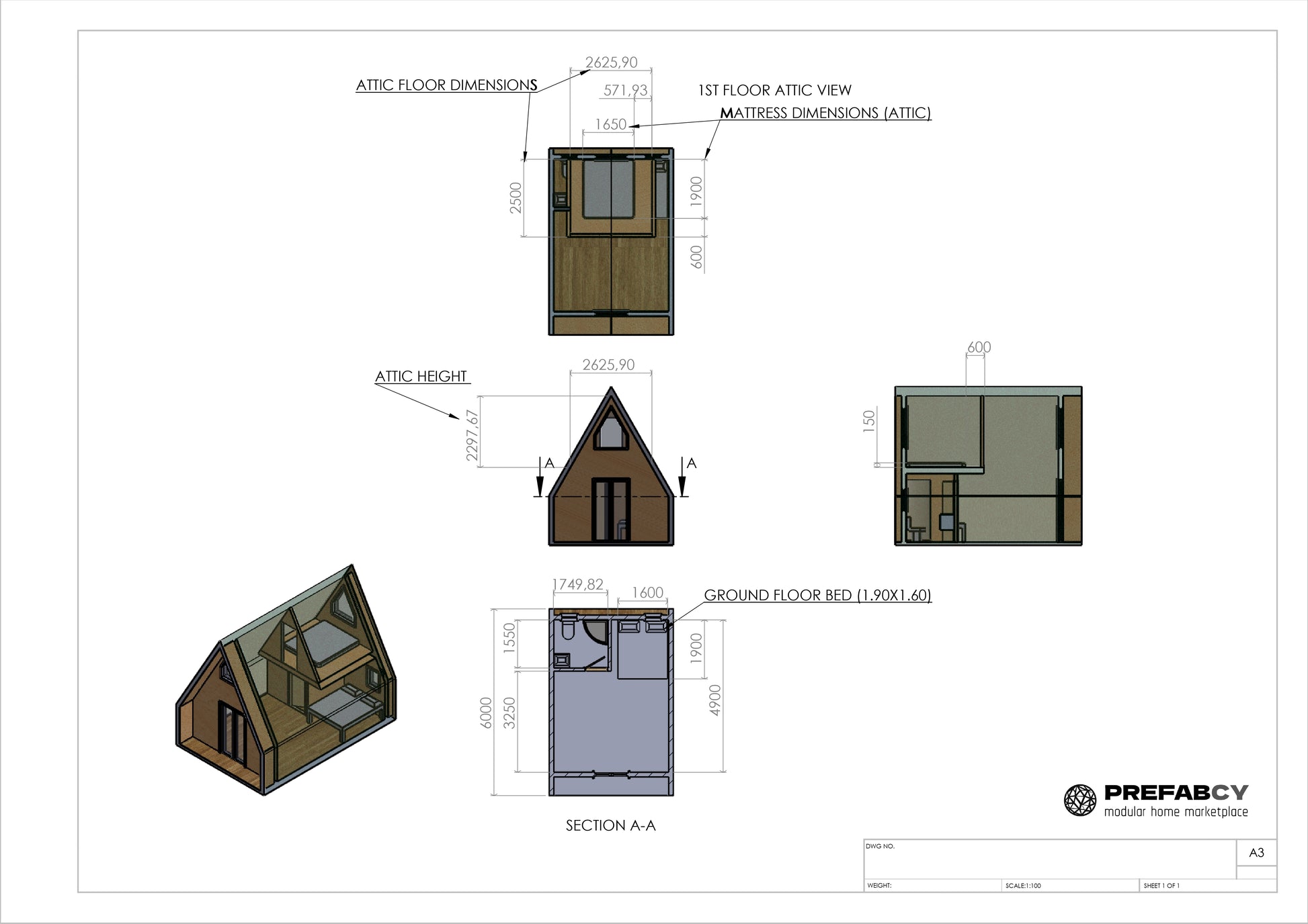Technical drawings of a small house with dimensions and layout on a white background. Prefab house Cyprus. Prefabricated modular home Cyprus. Prefabcy. Buy modular home in Cyprus. 