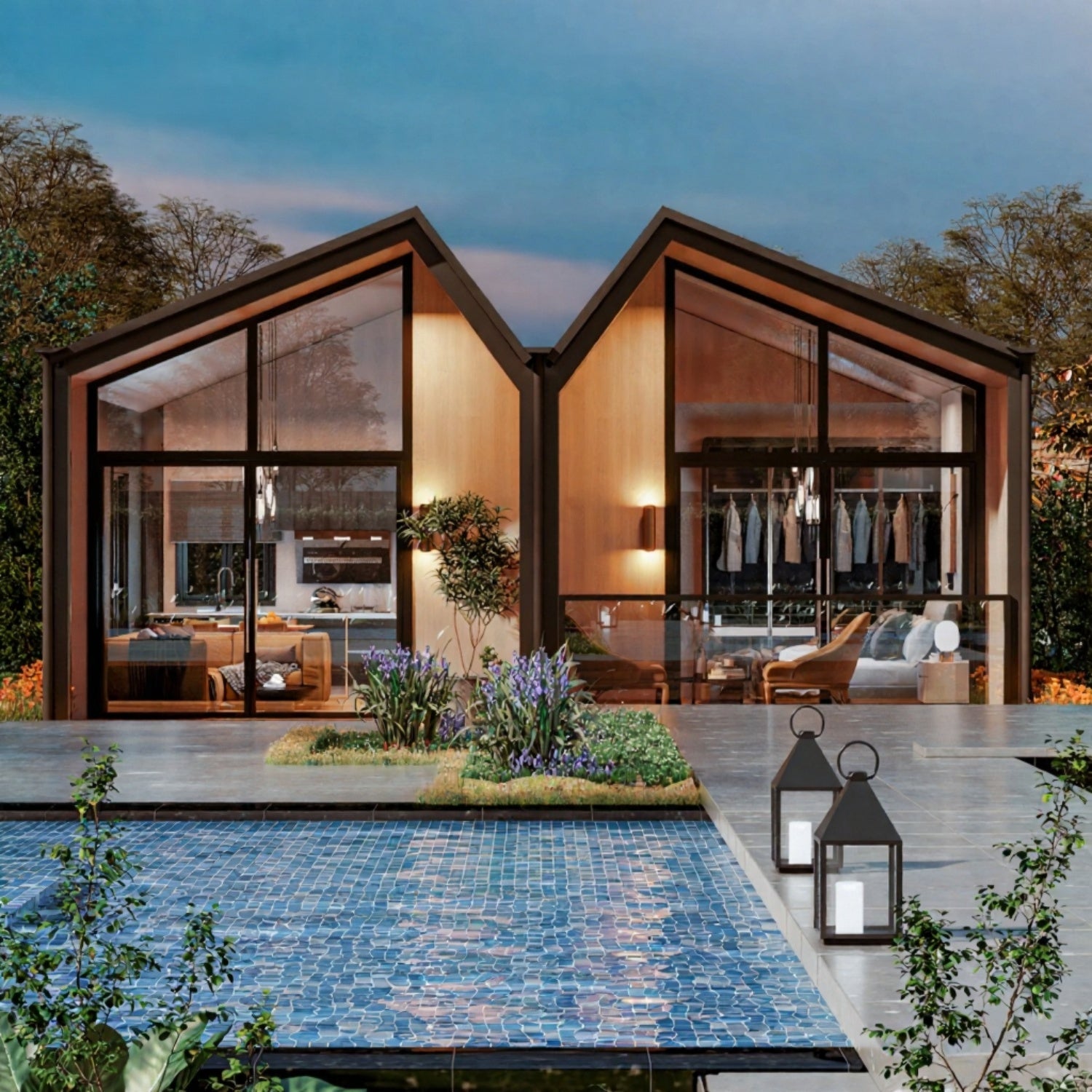 Modern house with glass walls, pool, and outdoor furniture. Prefab villa, prefab house, prefabricated home, prefab Cyprus, modular villa, modular house