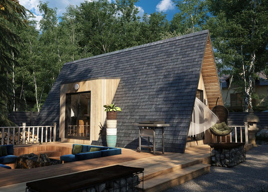 Wooden cabin A frame with a modern design surrounded by trees.  Prefab house Cyprus. Prefabricated modular home Cyprus. Prefabcy