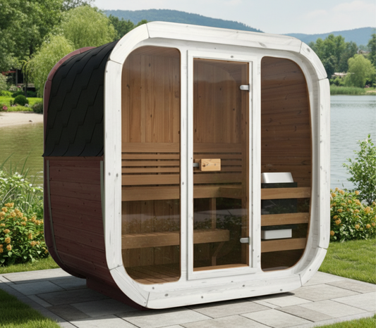 Wooden outdoor sauna with glass doors in a glamping setting. Prefab house Cyprus. Prefabricated modular home Cyprus. Prefabcy. Buy modular home in Cyprus. Prefab sauna Cyprus. Modular sauna Cyprus